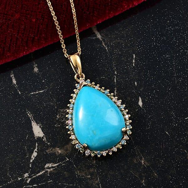 Premium Sleeping Beauty Turquoise And Luxuriant Lab Grown Multi Diamond SI 12.75 Ctw Royal Bloom Fire Pendant Necklace In 18K Vermeil Yellow Gold Over Sterling Silver 20 Inches