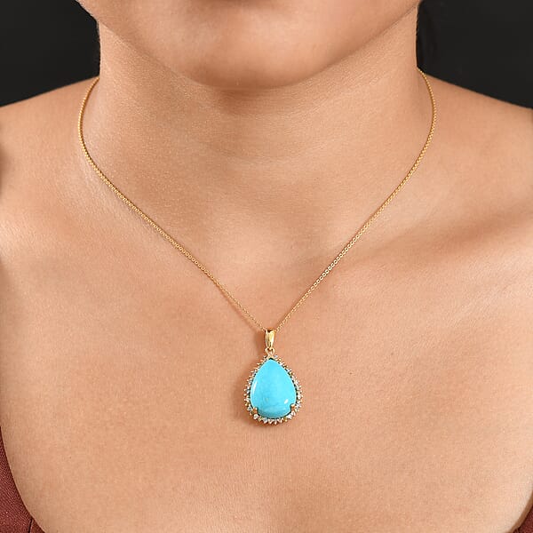 Premium Sleeping Beauty Turquoise And Luxuriant Lab Grown Multi Diamond SI 12.75 Ctw Royal Bloom Fire Pendant Necklace In 18K Vermeil Yellow Gold Over Sterling Silver 20 Inches