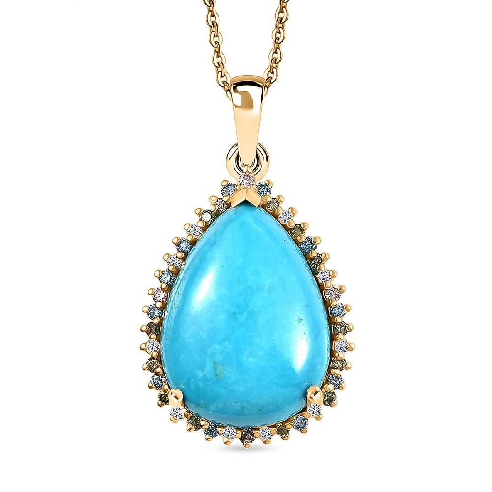 Premium Sleeping Beauty Turquoise and Luxuriant Lab Grown Multi Diamond SI 12.75 ctw Royal Bloom Fire Pendant Necklace in 18K Vermeil Yellow Gold Over Sterling Silver 20 Inches