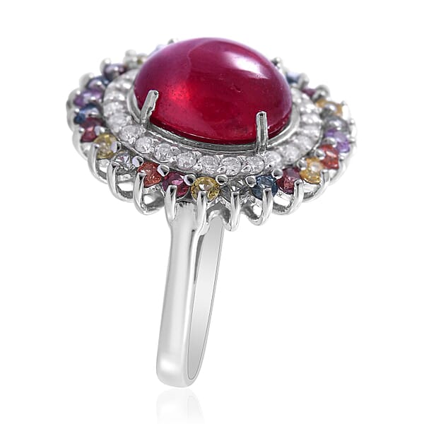 Premium Sleeping Beauty Turquoise And Multi Gemstone Double Halo Ring In Platinum Over Sterling Silver 5.40 Ctw