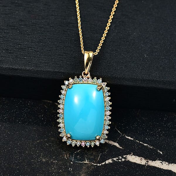 Premium Sleeping Beauty Turquoise And SI Luxuriant Lab Grown Multi Diamond 12.00 Ctw Pendant Necklace In 18K Vermeil Yellow Gold Over Sterling Silver 20 Inches