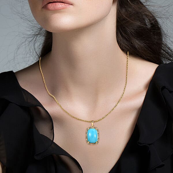 Premium Sleeping Beauty Turquoise And SI Luxuriant Lab Grown Multi Diamond 12.00 Ctw Pendant Necklace In 18K Vermeil Yellow Gold Over Sterling Silver 20 Inches