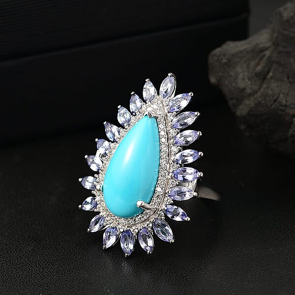 Premium Sleeping Beauty Turquoise Multi Gemstone Ring In Rhodium Over Sterling Silver 10.00 Ctw