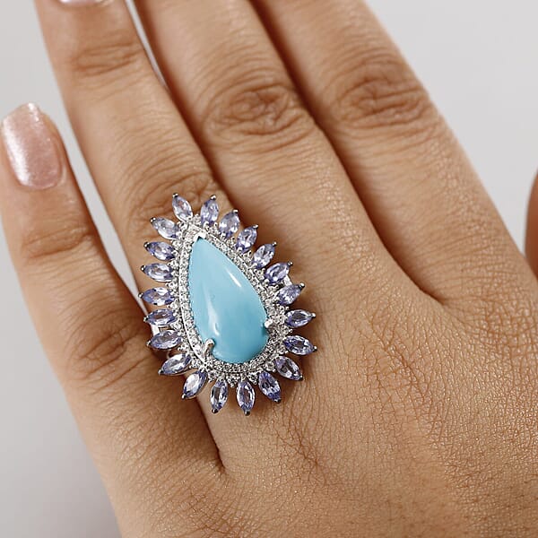 Premium Sleeping Beauty Turquoise Multi Gemstone Ring In Rhodium Over Sterling Silver 10.00 Ctw