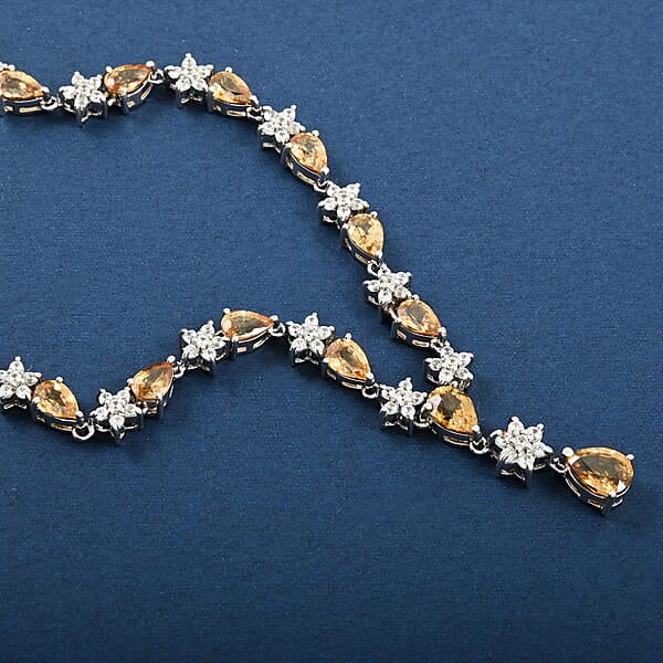 Premium Tanzania Yellow Zircon And White Zircon 16.40 Ctw Floral Necklace 18 Inches In Rhodium Over Sterling Silver