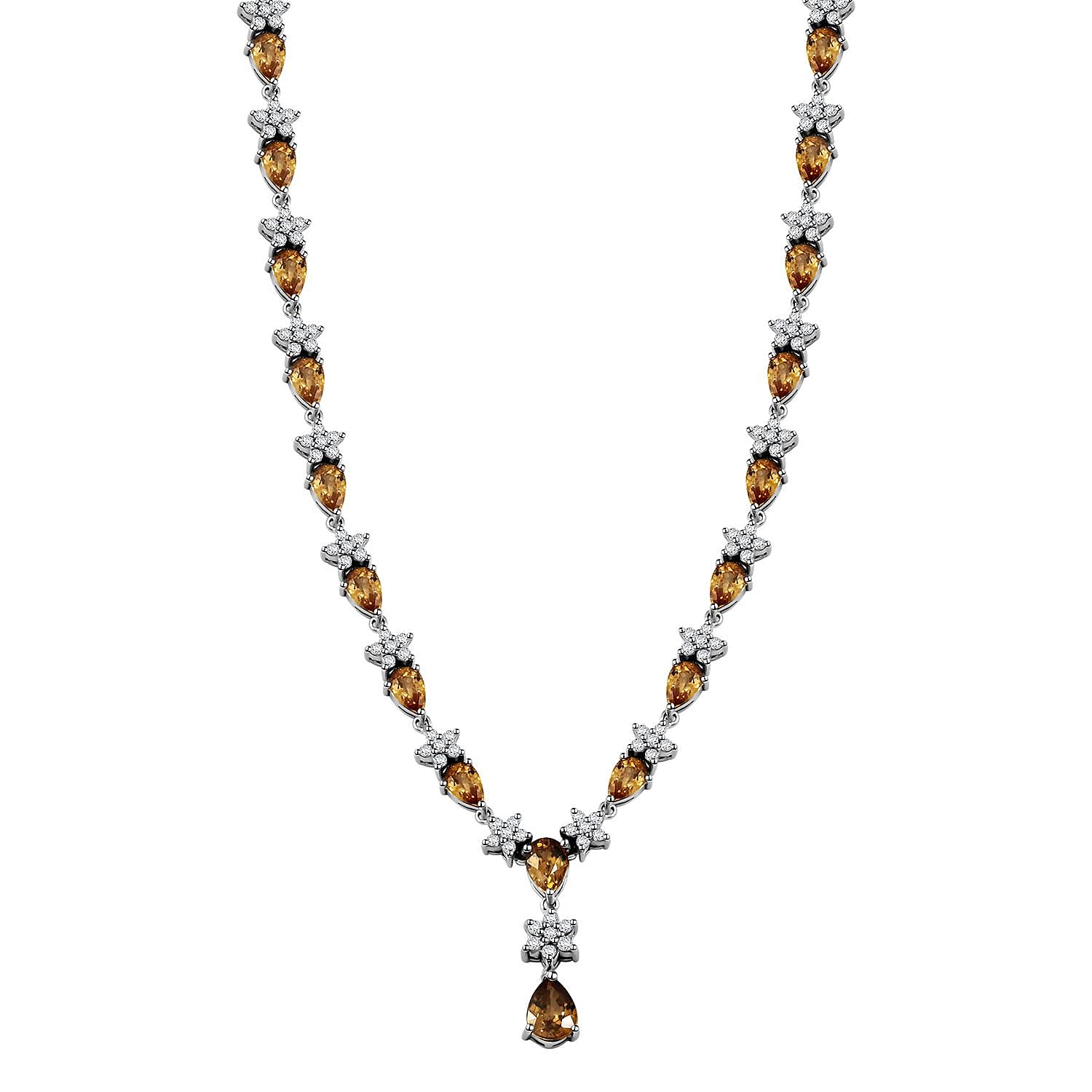 Premium Tanzania Yellow Zircon and White Zircon 16.40 ctw Floral Necklace 18 Inches in Rhodium Over Sterling Silver