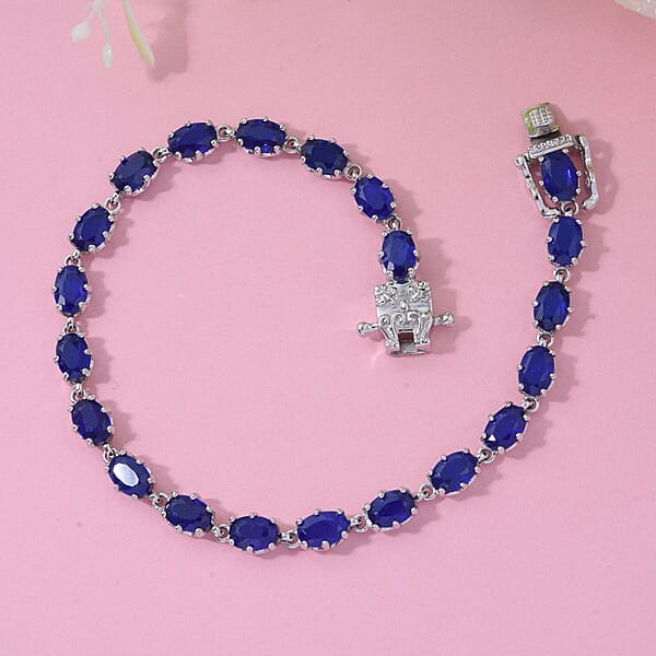 Premium Tanzanian Blue Spinel (DF) 10.15 Ctw Crown Bracelet In Rhodium Over Sterling Silver (6.50 In)