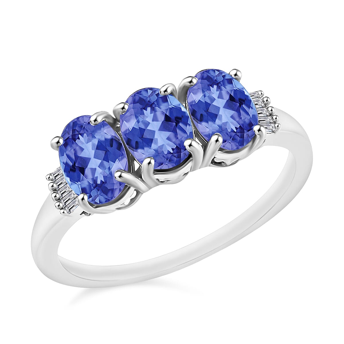 Premium Tanzanite and G-H I2 Diamond 2.50 ctw 3 Stone Ring in 14K White Gold (Size 4.0) (Del. in 10-12 Days)