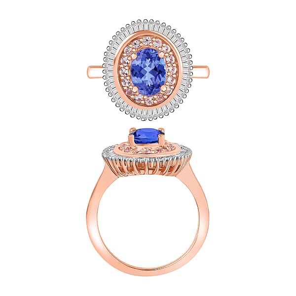 Premium Tanzanite Madagascar Pink Sapphire And Diamond 1.53 Ctw Ring In 18K Vermeil Rose Gold Over Sterling Silver 1 (Del. In 10-12 Days)
