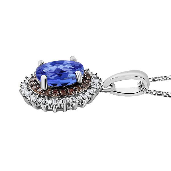 Premium Tanzanite Natural Champagne And White Diamond Pendant Necklace In Rhodium Over Sterling Silver 20 Inches 1.75 Ctw (Del. In 10-12 Days)