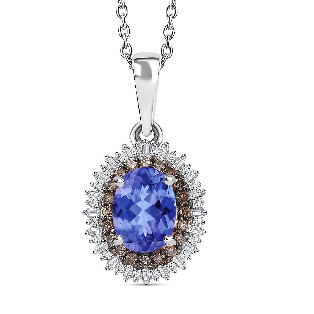 Premium Tanzanite Natural Champagne and White Diamond Pendant Necklace in Rhodium Over Sterling Silver 20 Inches 1.75 ctw (Del. in 10-12 Days)