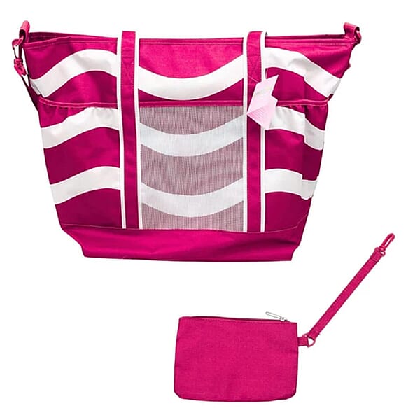 Primo Jumbo Insulated Beach Tote With Wet Pouch In Pink Wavy Lines Pattern
