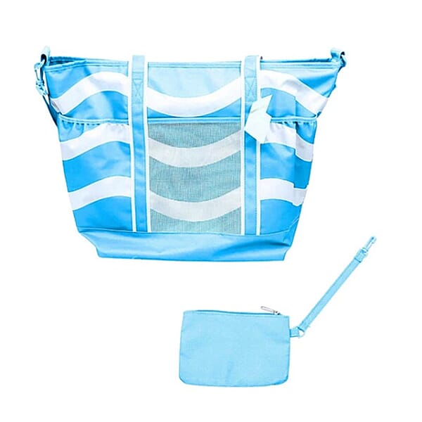 Primo Jumbo Insulated Beach Tote With Wet Pouch In Ocean Blue Wavy Lines Pattern