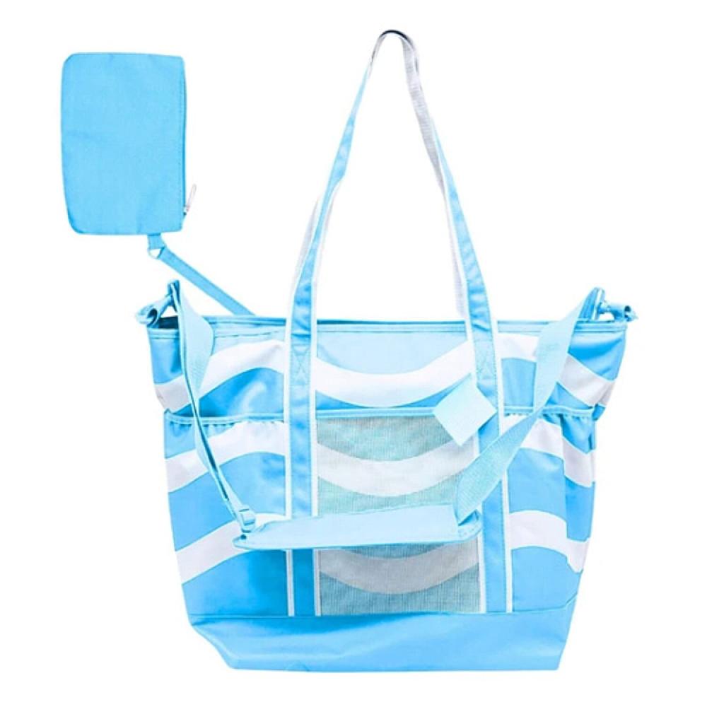 Primo Jumbo Insulated Beach Tote with Wet Pouch in Ocean Blue Wavy Lines Pattern