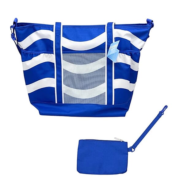 Primo Jumbo Insulated Beach Tote With Wet Pouch In Navy Blue Wavy Lines Pattern