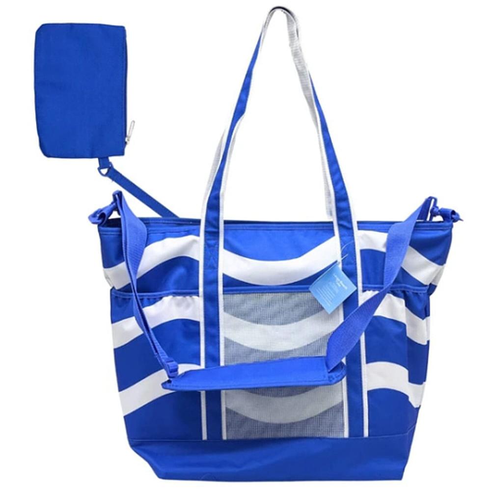 Primo Jumbo Insulated Beach Tote with Wet Pouch in Navy Blue Wavy Lines Pattern