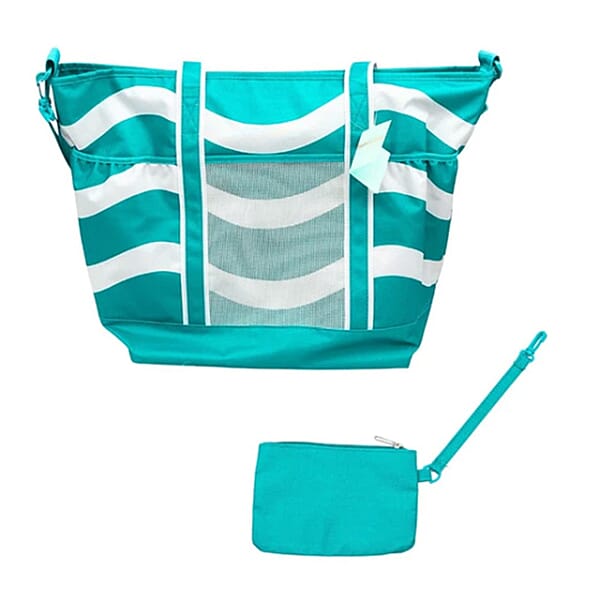 Primo Jumbo Insulated Beach Tote With Wet Pouch In Teal Wavy Lines Pattern