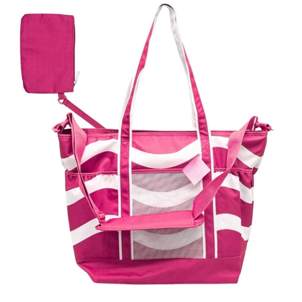 Primo Jumbo Insulated Beach Tote with Wet Pouch in Pink Wavy Lines Pattern