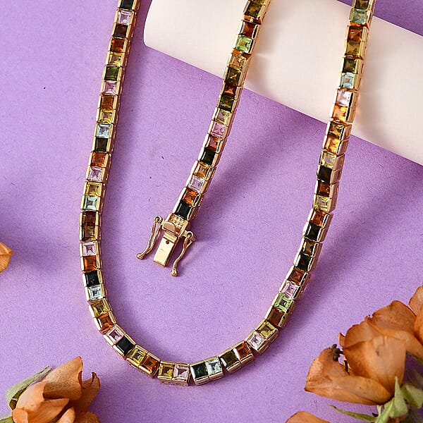 Princess Cut Multi-Tourmaline Tennis Necklace In Vermeil YG Over Sterling Silver 22.40 Ctw (18 Inches)