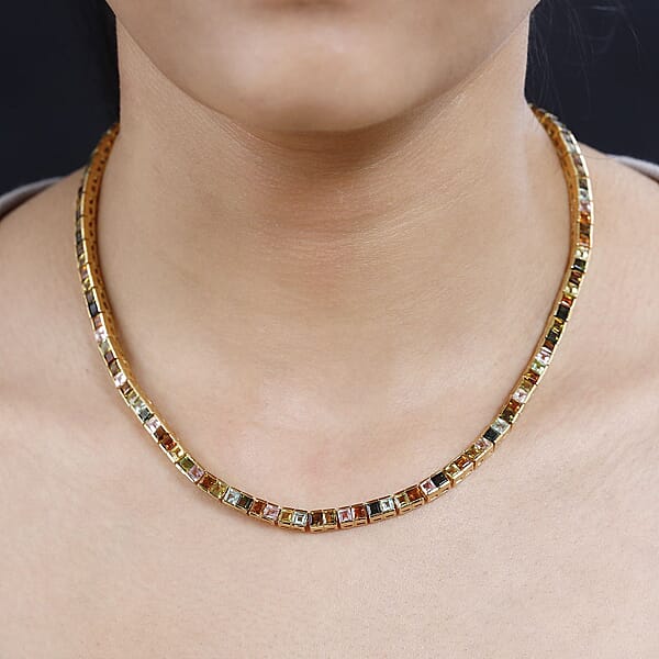 Princess Cut Multi-Tourmaline Tennis Necklace In Vermeil YG Over Sterling Silver 22.40 Ctw (18 Inches)