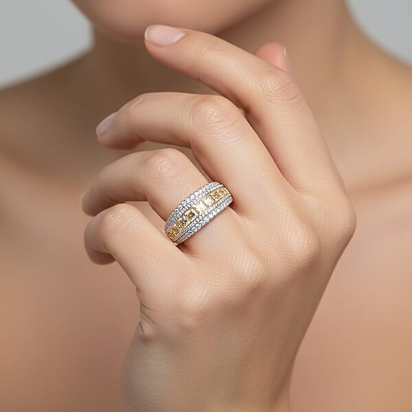 Princess Cut Natural Yellow And White Diamond VS Ring In 14K Yellow Gold 3.00 Ctw