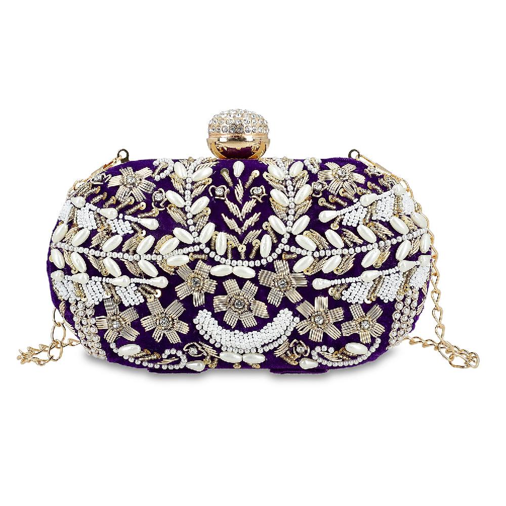 Purple Hand Embroidery Oval Shaped Pearl Studded Velvet Clutch
