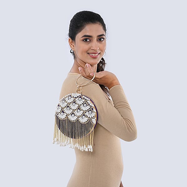 Purple Hand Embroidery Pearl Studded Velvet Clutch With Tassels Ring Handle And Sling Chain