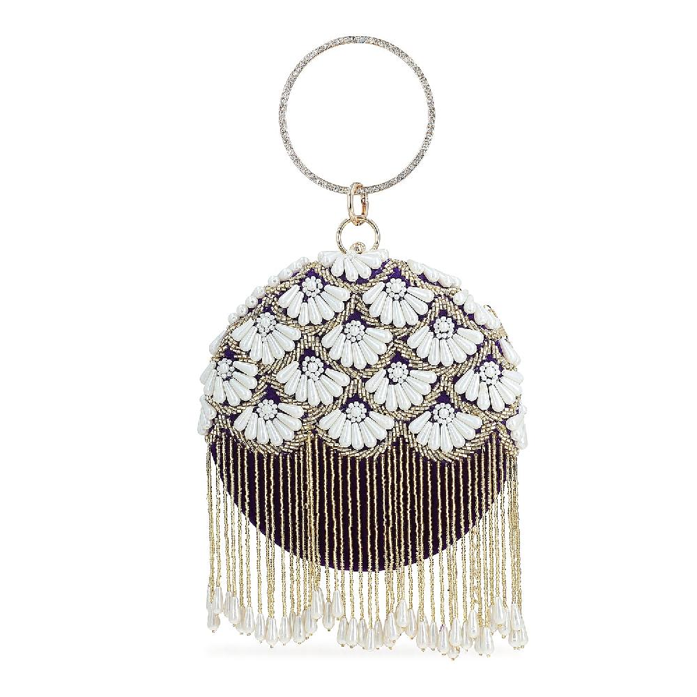 Purple Hand Embroidery Pearl Studded Velvet Clutch with Tassels Ring Handle and Sling Chain