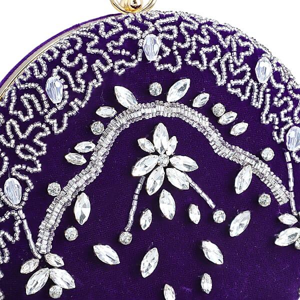 Purple Hand Embroidery Round Shaped Beads Studded Velvet Clutch With Ring Handle And Sling Chain