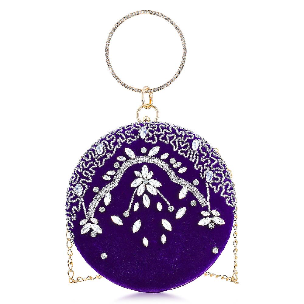 Purple Hand Embroidery Round Shaped Beads Studded Velvet Clutch with Ring Handle and Sling Chain