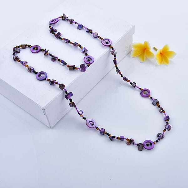 Purple Resin And Multi Color Seed Beaded Endless Necklace 40 Inches