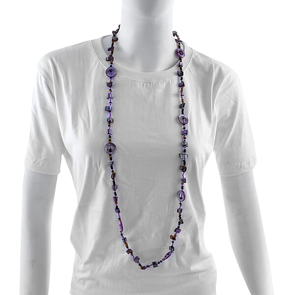 Purple Resin And Multi Color Seed Beaded Endless Necklace 40 Inches
