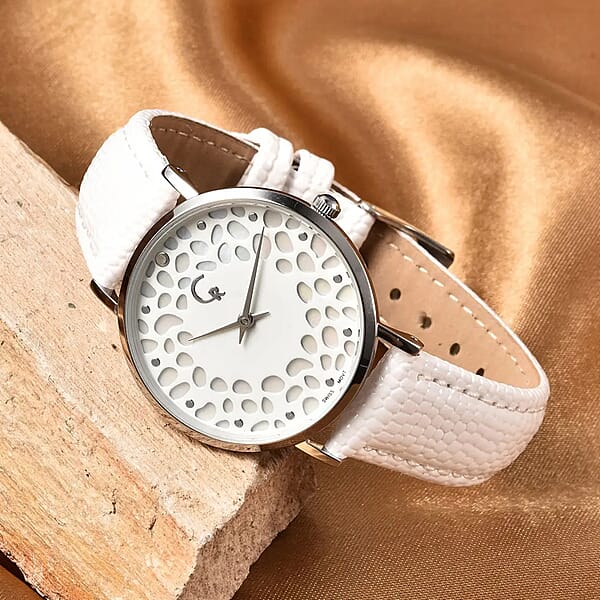 Rachel Galley Diamond Accent Swiss Movement MOP Dial Watch With White Leather Band (6.50-8.25 Inches) (33mm)