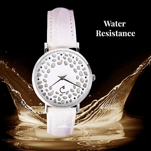 Rachel Galley Diamond Accent Swiss Movement MOP Dial Watch With White Leather Band (6.50-8.25 Inches) (33mm)