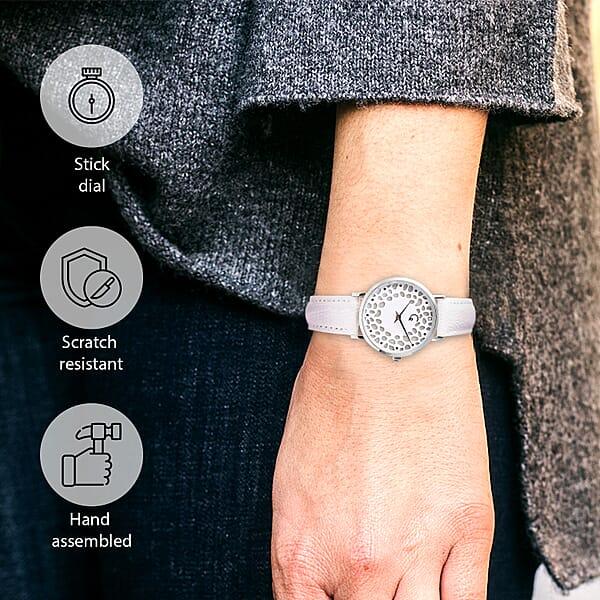 Rachel Galley Diamond Accent Swiss Movement MOP Dial Watch With White Leather Band (6.50-8.25 Inches) (33mm)