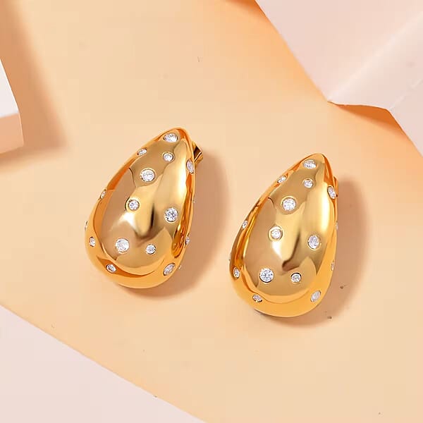 Raindrop Earrings In 18Kt Yellow Gold Over Hypoallergenic Stainless Steel And Simulated Diamonds