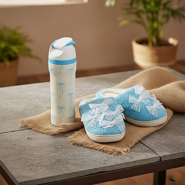 RAMPAGE Blue Bow Teddy Slippers With Matching Stainless Steel Water Bottle Gift Box – Large (9/10)