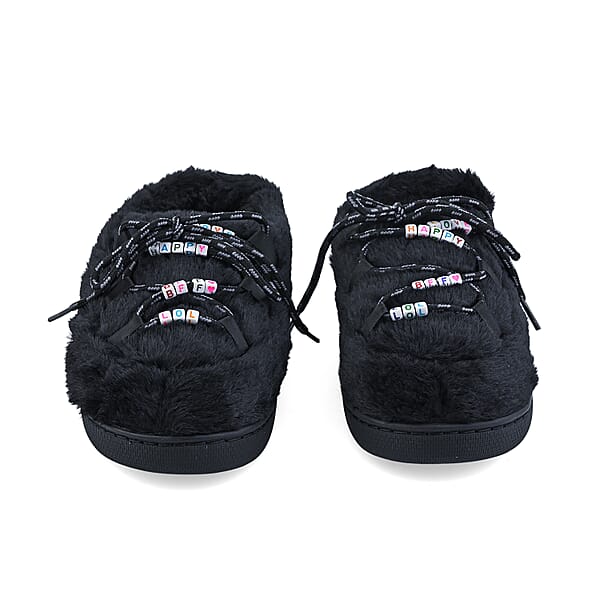 RAMPAGE Fur Black Teddy Bead Lace Up Slippers S