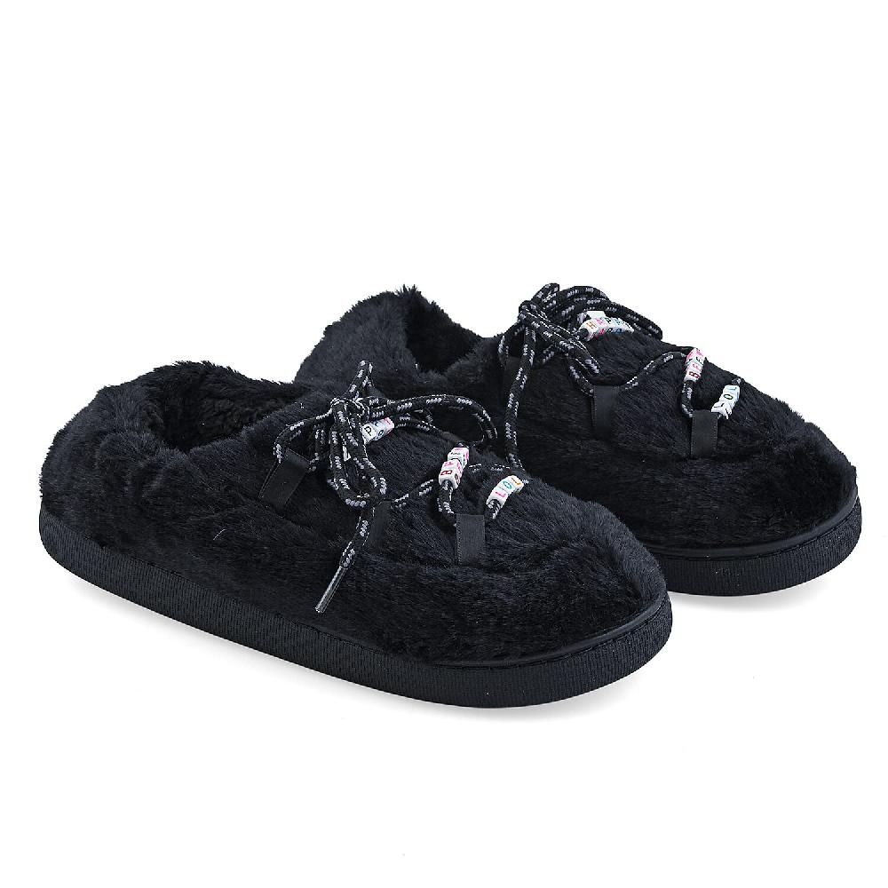 RAMPAGE Fur Black Teddy Bead Lace Up Slippers S