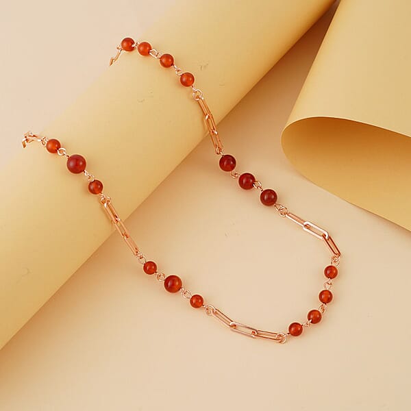 Red Agate 50.00 Ctw Beaded Station And Paper Clip Chain Necklace In ION Plated RG Stainless Steel 30 Inches