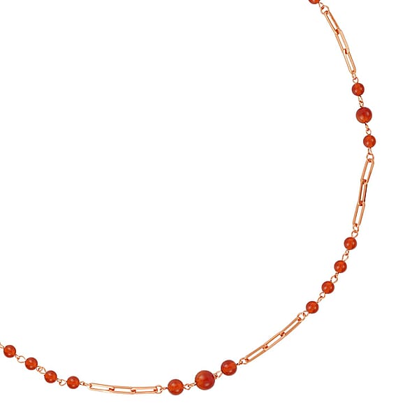Red Agate 50.00 Ctw Beaded Station And Paper Clip Chain Necklace In ION Plated RG Stainless Steel 30 Inches