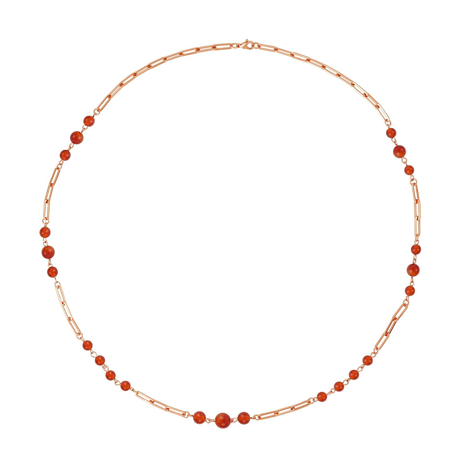 Red Agate 50.00 ctw Beaded Station and Paper Clip Chain Necklace in ION Plated RG Stainless Steel 30 Inches