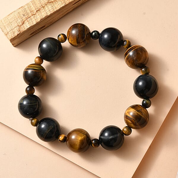 Red And Blue Tigers Eye 230.00 Ctw Beaded Stretch Bracelet