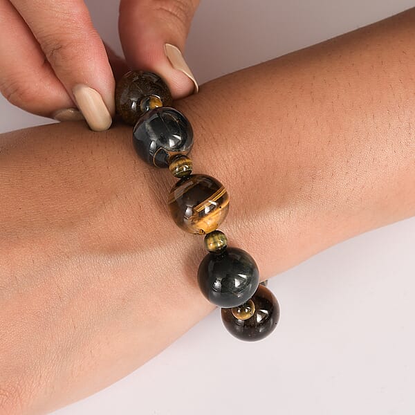 Red And Blue Tigers Eye 230.00 Ctw Beaded Stretch Bracelet