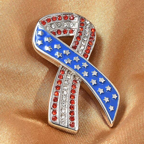 Red And White Austrian Crystal American Flag Ribbon Brooch In Stainless Steel Tarnish-Free Waterproof Sweat Proof Jewelry