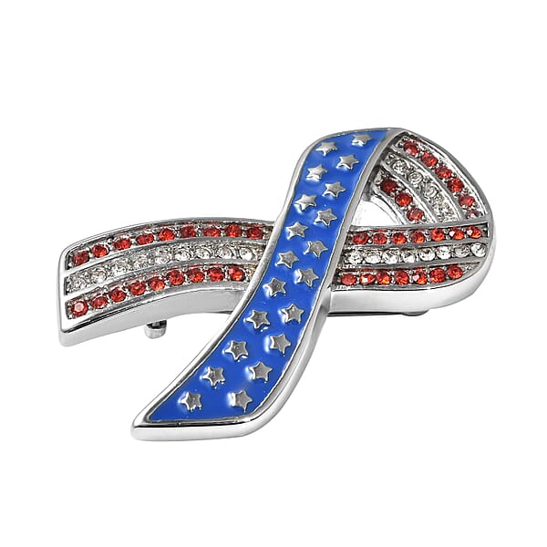 Red And White Austrian Crystal American Flag Ribbon Brooch In Stainless Steel Tarnish-Free Waterproof Sweat Proof Jewelry