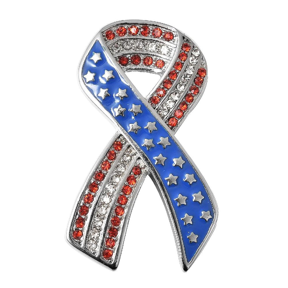 Red and White Austrian Crystal American Flag Ribbon Brooch in Stainless Steel Tarnish-Free Waterproof Sweat Proof Jewelry