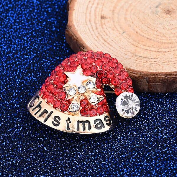Red And White Austrian Crystal And Enameled Christmas Cap Brooch In Goldtone Jewelry Gift For Women Christmas Cap Pin