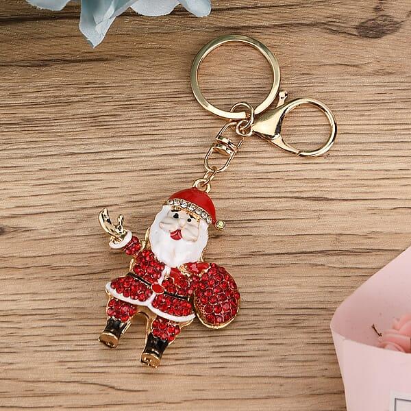 Red And White Austrian Crystal Enameled Santa Claus Keychain In Goldtone