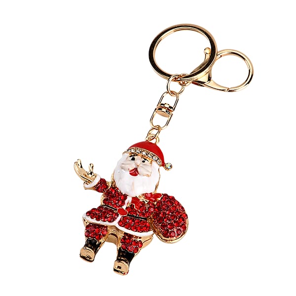 Red And White Austrian Crystal Enameled Santa Claus Keychain In Goldtone